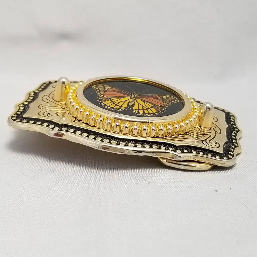 Vintage Belt Buckle Colorful Butterfly Gold Color Western‎ Filigree Made In USA